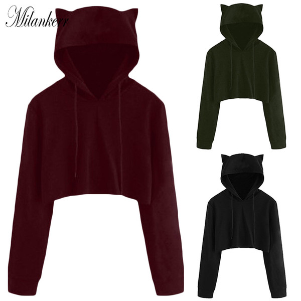 Women Ladies Autumn Cropped Hoodies with Cute Cat Ear Drawstring Long Sleeve Hooded Pullover Short Sweatshirt Outwear Crop Tops HY0096