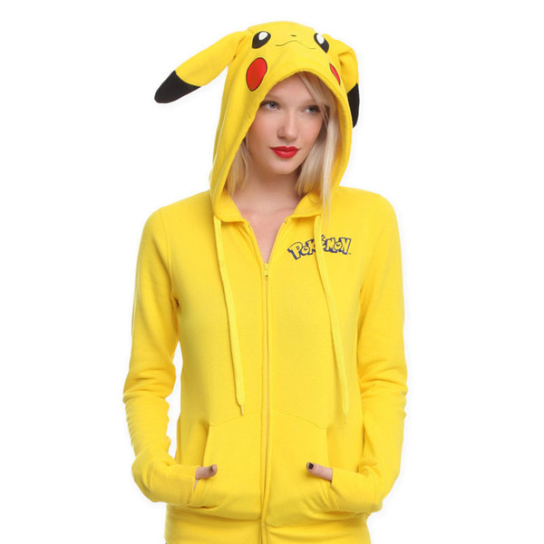 Fashion Women Jacket Yellow Harajuku Kawayi Solid Pikachu Printed Costume Tail Zip Totoro Hoodie Sweatshirt Sudaderas Mujer