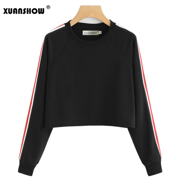 XUANSHOW Striped Woven Tape Womens Sweatshirt Female Casual Pullovers Color Black White Gray Long Sleeve Croped Sweatshirts