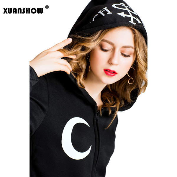 XUANSHOW New Fashion Women Hoodies Punk Moon Letters Printed Sweatshirts Winter Autumn Long Sleeve Jacket Zipper Coat