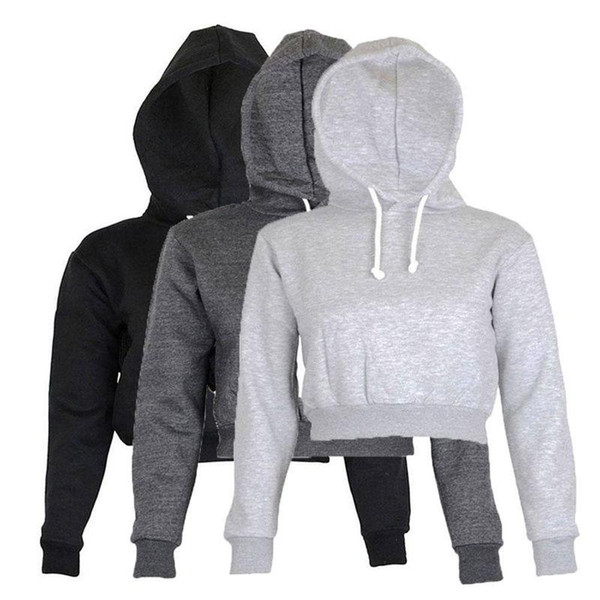 Full Hoodie Coats Black Autumn New Brief Casual Clothes Women Ladies Clothing Tops Plain Crop Top Hooded