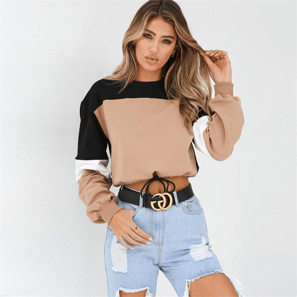 New Arrival Casual Short Sweatshirts for Women Bold Stripe Long Sleeve Pullover T Shirts Street Style Drawstring Crop Tops