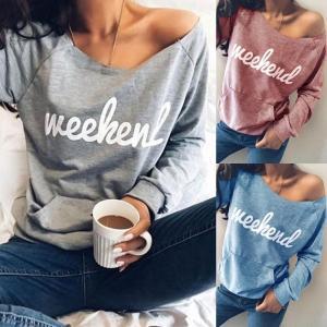 Letter Print Weekend Hoodies Women Loose Long Sleeve O-neck Off Shoulder Sweatshirts Casual Autumn Pullovers Shirts Women Tops GGA1593