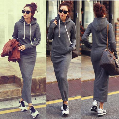 Hot Fashion Autumn Fall Winter Women Black Gray Sweater Dress Fleeced Hoodies Long Sleeved Slim Maxi Dresses S M L XL XXL Winter Dress M176