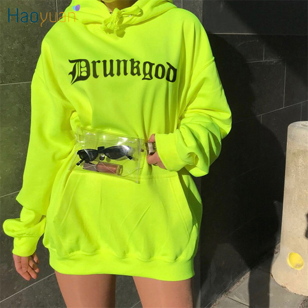 HAOYUAN Neon Green Loose Letter Print Hooded Sweatshirt Streetwear Long Oversized Hoodie Spring Harajuku Pullover Hoodies Women