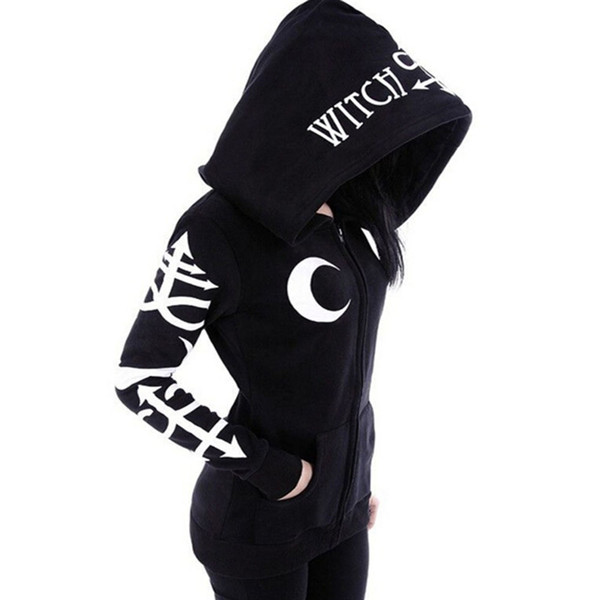 Women harajuku gothic hoodie punk printed loose black hooded pockets lettered moon print street cool goth punk casual hoodies