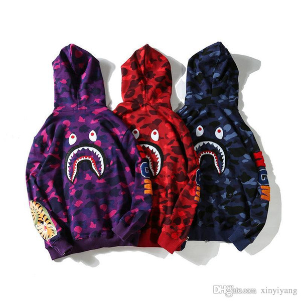 Autumn Winter Men Women Camo Long Sleeve Casual Hoodies Full Zipper Sweatshirts Teenager Hip Hop Back Shark Print Hoodies Tops