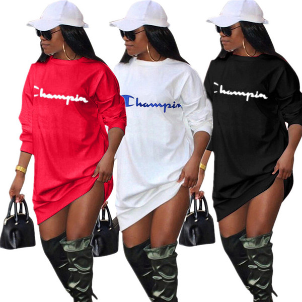 Women's Champions Letter Hoodie Dress 2019 Spring Round Neck T-shirt Dresses Summer Hoodies Sports Casual Clothes Sportswear S-XL Hots A422