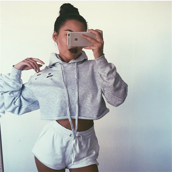 2017092801 Ladies Womens Girls Plain Hoodie hoody Sweatshirt Hooded Jumper Crop Top Women Lady Warm Casual Hole Sweatshirts