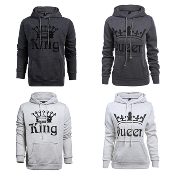 Fashion Print KING QUEEN Letters Couple Hoodies Winter Fleece Lovers Pocket Pullover Hooded Sweatshirts Valentine's Day Clothing