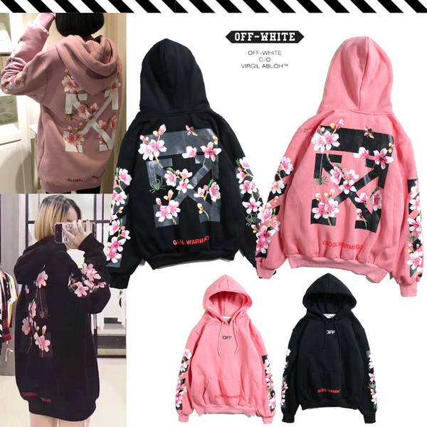 18AW off women sweater casual cute Korean style sweatshirt cherry blossom print pink loose comfortable tide arrow striped street hooded coat