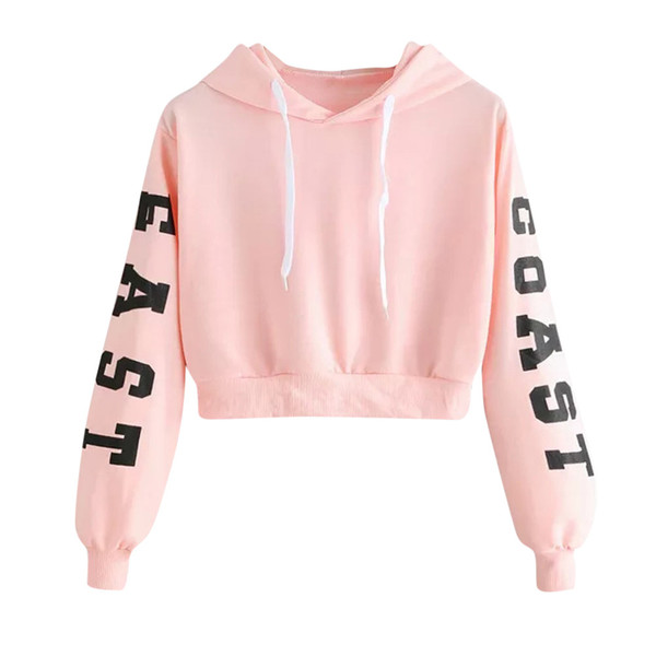 FeiTong Hoody Sweatshirts Women Letters Long Sleeve Hoodie Pink Crop Pullover Top Blouse Feminino Moletom Sweatshirt female