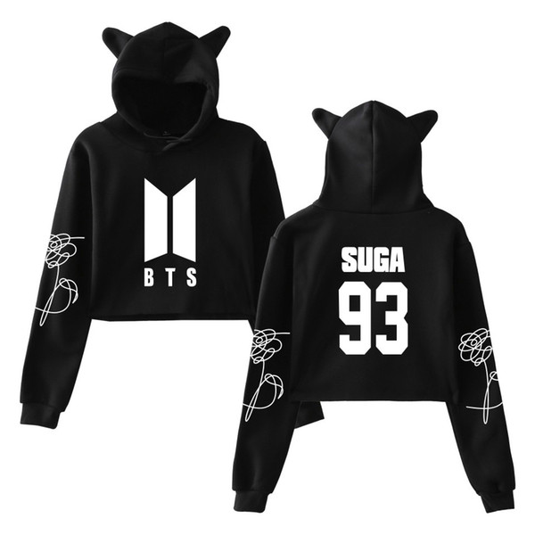 BTS Cropped Hoodie Kpop bangtan boys Sweatshirt Cat Hooded Pullover girls clothes Crop Tops hoodies and sweatshirts for women