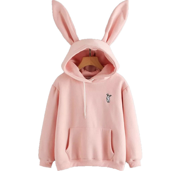 2019 Harajuku Hoodies Women Long Sleeve Rabbit Embroidered Sweatshirt Pullover Autumn Lovely Rabbit Ears Jumper Sweet Cartoon