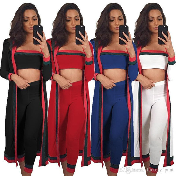 2018 Summer Woman 3 Piece Sets Long Pants Bra Crop Top Out Trench Femme Bodycon Sexy Striped Club Slim Lady Outfits 3XL