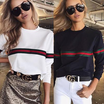 KLV Women Red Striped Print Long Sleeve O-Neck Pullover Jumper Sweatshirt Tops Blouses