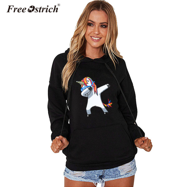 Free Ostrich Sweatshirt Women Black White Cute Unicorn Print Long Sleeve Pocket Hooded Pullovers Outerwear Tops Female B1240