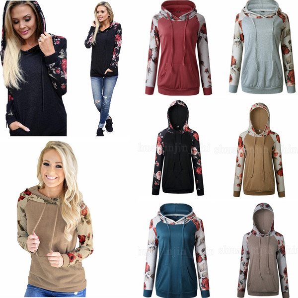 6styles Women Patchwork Raglan Floral Printed Hoodies Hooded Pullover Autumn Long Sleeve Sweatshirts Clothing Tee Top Casual Sweater FFA1177