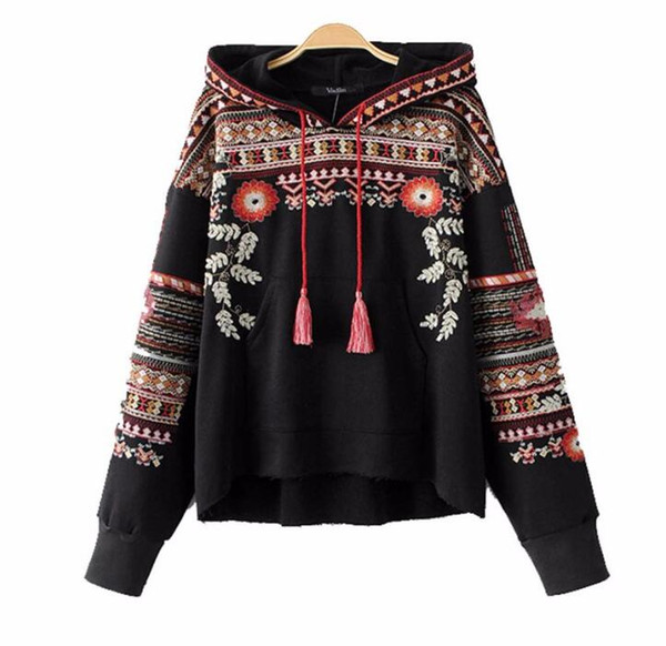 2017 Fashion Vintage Totem Geometric Embroidery Hooded Sweatshirt Oversized Sequined Long Sleeve Pullover Casual Tops Sudaderas S-L