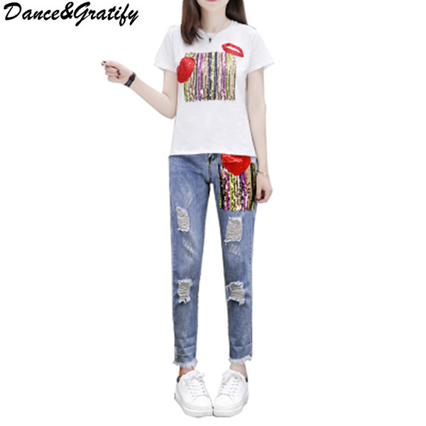 Women Sequins T-shirts Jeans 2 Piece Suits Short Sleeve Woman Casual Tshirt Tops+ Ripped Hole Denim Pants Sets