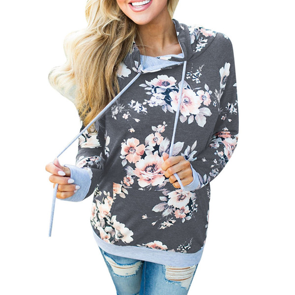 Woman Hoodie Floral Printed Pocket Fashion Designer Hoodie Long Sleeve Sweatshirt Drawstring Pullover with Pocket (Size S-XL)