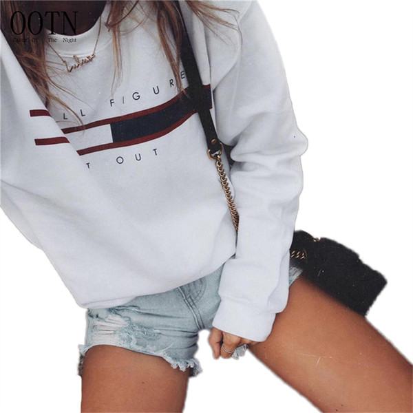 OOTN Women White Pullovers Sweatshirts Female Loose Hoodies Letter Print Long Sleeve Autumn Winter Solid Sweateshirt Tops