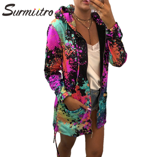 Surmiitro Spring Women Long Jacket 2019 Autumn Long Sleeve Colorful Print Velvet Hooded Sweatshirt Zipper Hoodies Coat Female