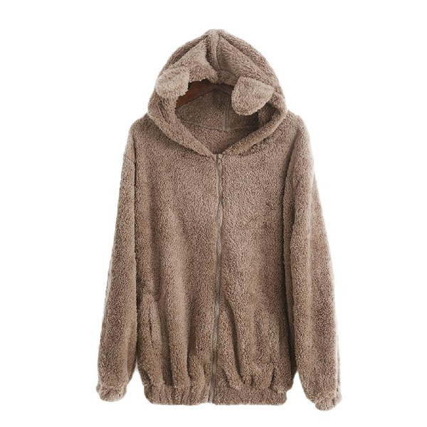 2017 Women Girl Winter Autumn Warm Zipper Loose Fluffy Bear Ear Hooded Hoodies Outerwear Coat Cute Sweatshirt