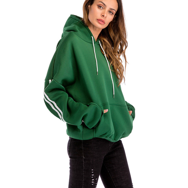 Plus Size Green Casual Drop Shoulder Drawstring Pullover Hoodie Sweatshirt 2018 Autumn Women Streetwear Striped Sweatshirts