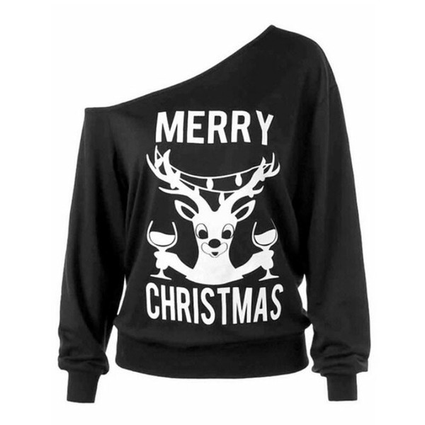 FeiTong Hoodies Women Sweatshirt Fashion Long Sleeve Off Shoulder Marry 2019 Christmas Print Harajuku Hoodie Sweatshirt Female