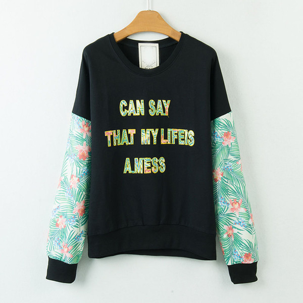 Black Floral Sweatshirts Tops Women Autumn Letter Floral Print Pullover Girls Loose Steetwear Casual Hoodies Outwear Coats