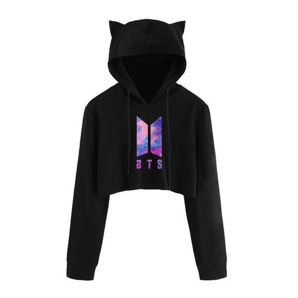 Drop Bts Crop Top hoodie Love Yourself Kpop Printing Funny Cat Ear Cropped Sweatshirt Hooded Pullover Women Tops Coat