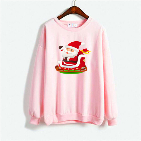 Kawaii Christmas Santa Claus Print Long Sleeved Cotton Autumn Women Sweatshirt Plus Size Couple Tops Korean Men Pink Hoodies S13