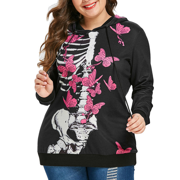 FeiTong Hoodies Women Sweatshirt Skull And Butterfly Print Hoodie Hooded Pullover Blouse 2018 Harajuku Hoodie Sweatshirt Female