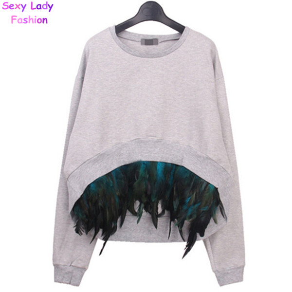 Removable Stitching Feather hem Pullovers Sweatshirt New Women Irregular Hem Long Sleeve Hoodies Sweats Jumpers Femme 3 colors