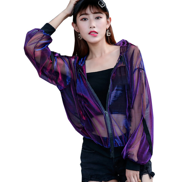 Summer Rave Festival Wear Clothes Holographic Womens Hoodies Outfits Hologram Women Rainbow Metal Mesh Jacket Clothings