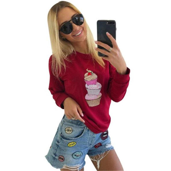 Autumn Women Hoodies Sweatshirt Fashion Long Sleeve O-Neck Ice Cream Print Casual Loose Street Sweatshirt Plus Size Grey Red Pink