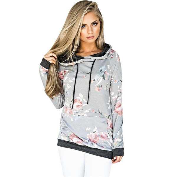 Autumn Women Casual Hooded Sweatshirts Floral Printed Street Pullover Tops Shirt Women Long Sleeve Shirts Pocket Gray Street Wear Hoodies