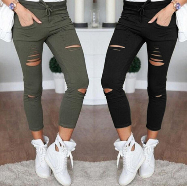 New 2016 Skinny Jeans Women Denim Pants Holes Destroyed Knee Pencil Pants Casual Trousers Black White Stretch Ripped Jeans