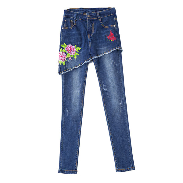 2019 Spring New Flower Embroidered Women Pantskirt Button Elastic High Waist Summer Denim Jeans Plus Size