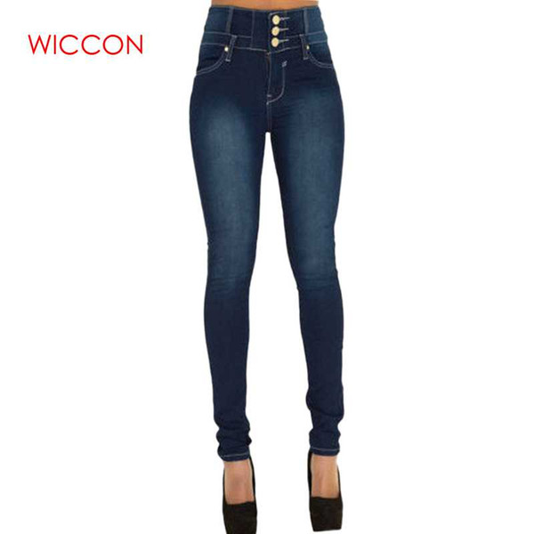 New Arrival Wholesale Woman Denim Pencil Pants Casual Vintage Button Fly Stretch Jeans High Waist Denim Trousers Women WICCON