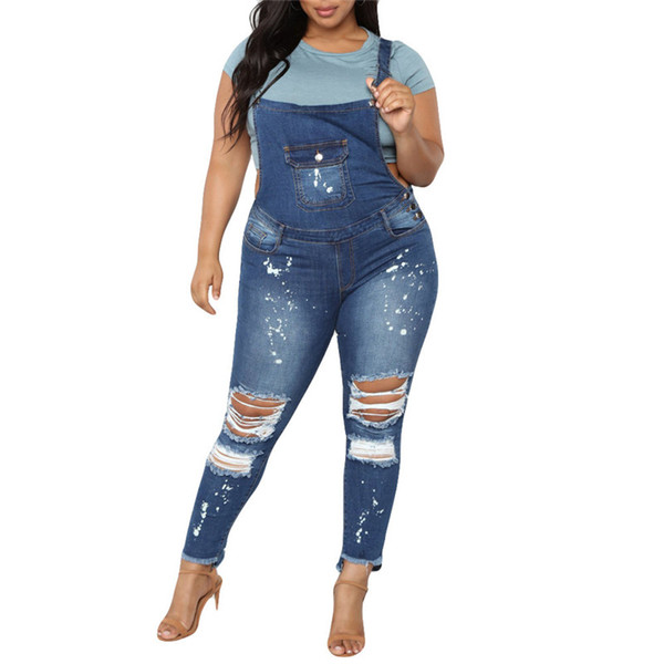 Women Casual Denim Bib Pants Overalls Jeans Trousers Jumpsuit Women's Fashion Stretch Broken Hole Bib Fat Pants Q0313