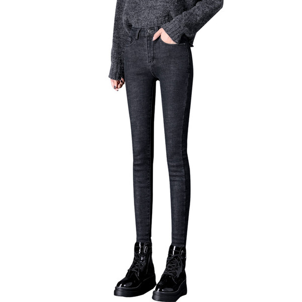 Winter Plush Jeans Women's High Waist Thickening Thermal Elasticity Slim Shoe Pants New Kind of Women's Pants