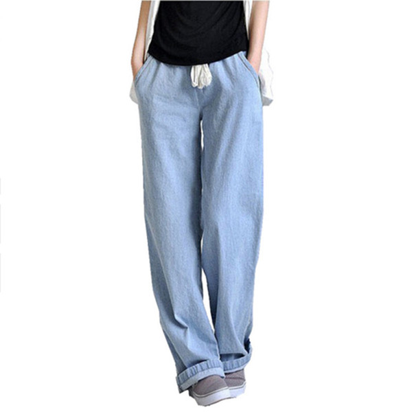 New Plus size comfortable Washed blue loose wide leg denim pants women's jeans elastic waist cowboy full long trousers pants