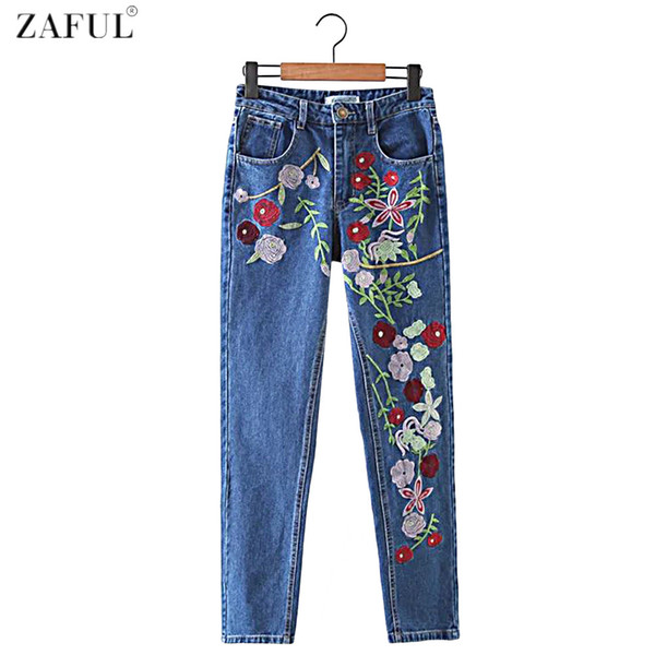 Wholesale- ZAFUL Brand 2017 New Fashion Women Embroidery Flower Jeans Pockets Zipper Fly Casual Feminino Trousers Girls Mid Waist Pants