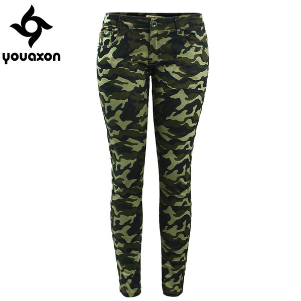 Wholesale- 2019 Youaxon Women`s S-XXXXXL Plus Size Chic Camo Army Green Skinny Jeans For Women Femme Camouflage Cropped Pencil Pants