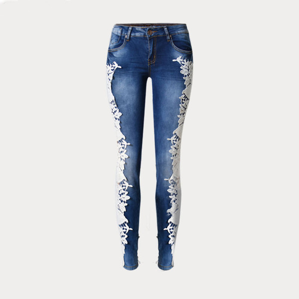 Spliced Hole Jeans Women Lace Fashion Trousers Lace Splice Both Sides Gloria Jeans Low Waist Casual blue Female sex pants