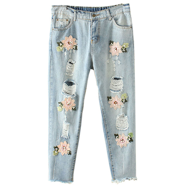 New arrival Plus Size Women's Ripped Jeans Fashion Boyfriend Jeans For Woman Hole Denim pants Flowers Embroidery