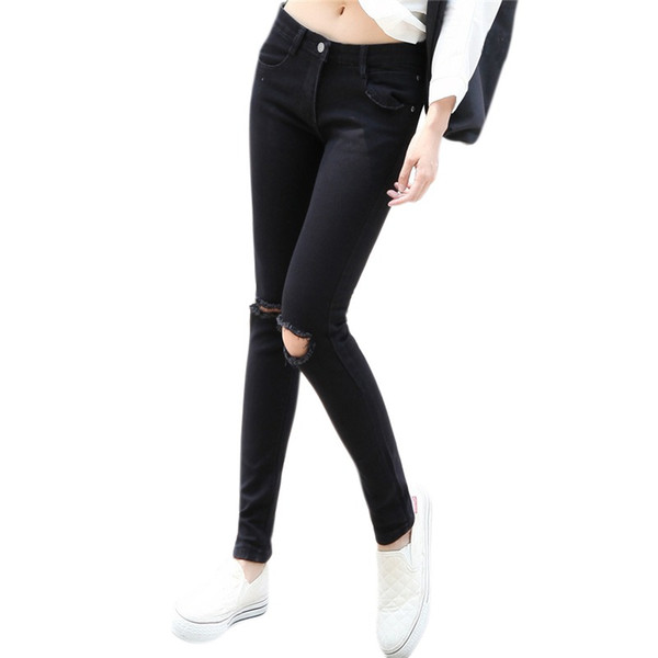 Skinny Crop Denim Jeans Women Plain Button Fly Trousers Knee Ripped Frayed Hem Casual Jeans Pants