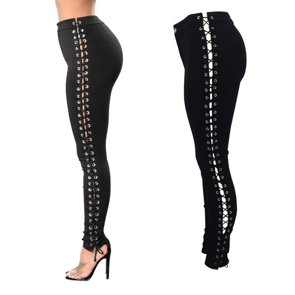 Women Side Lace up Pencil Tight Pant Sexy Cross Bandage Trousers Skinny Jeans High Quality Pocket Pants pantalon jeans femme